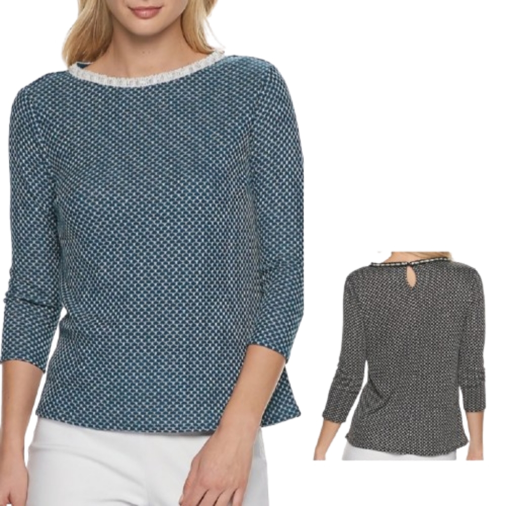 ELLE Plus Simulated Pearl Neck Knit Top Teal NWT Metallic Print 3/4 Sleeves